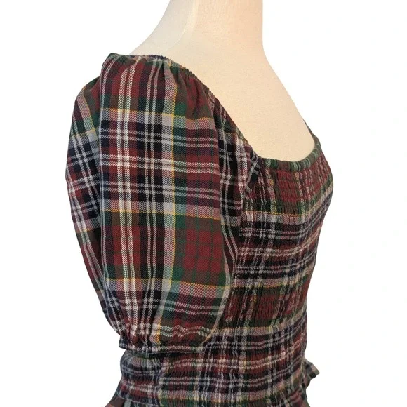 American Eagle Smocked Plaid Crop Top Short Puff Sleeve Square Neck M Y2K Retro - Picture 4 of 10